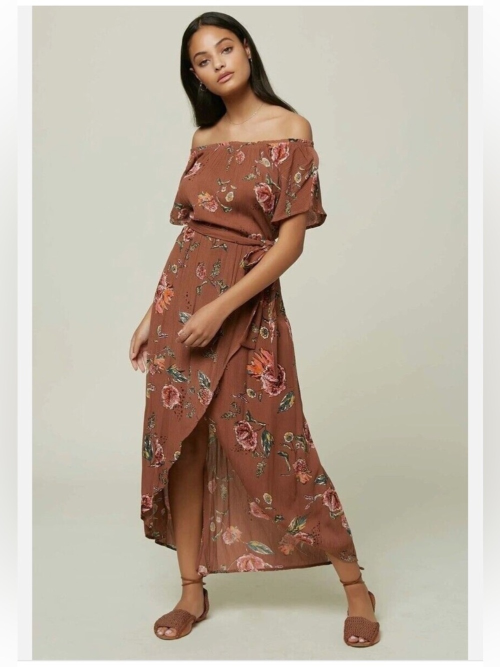 O'Neill Conners Off The Shoulder Midi Dress Large Women's Floral Brown Tie - Picture 3 of 6
